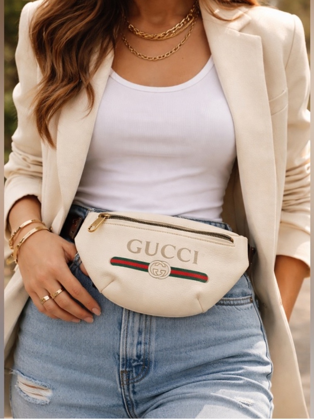 Authentic Gucci white leather waist bag Fanny pack belt bag ribbon strap